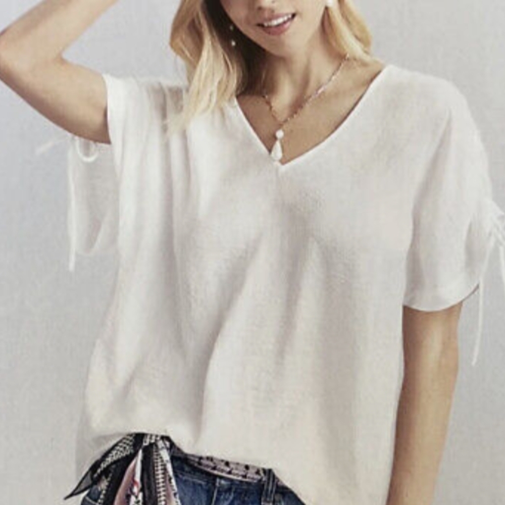 CAbi White Short Sleeve Seaside Top Shoulder Cinch Blouse Ties